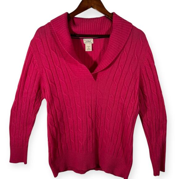 LL Bean Lambswool Cable Knit Sweater Pink Shawl Collar V Neck Ribbed Trim XL - Picture 3 of 9